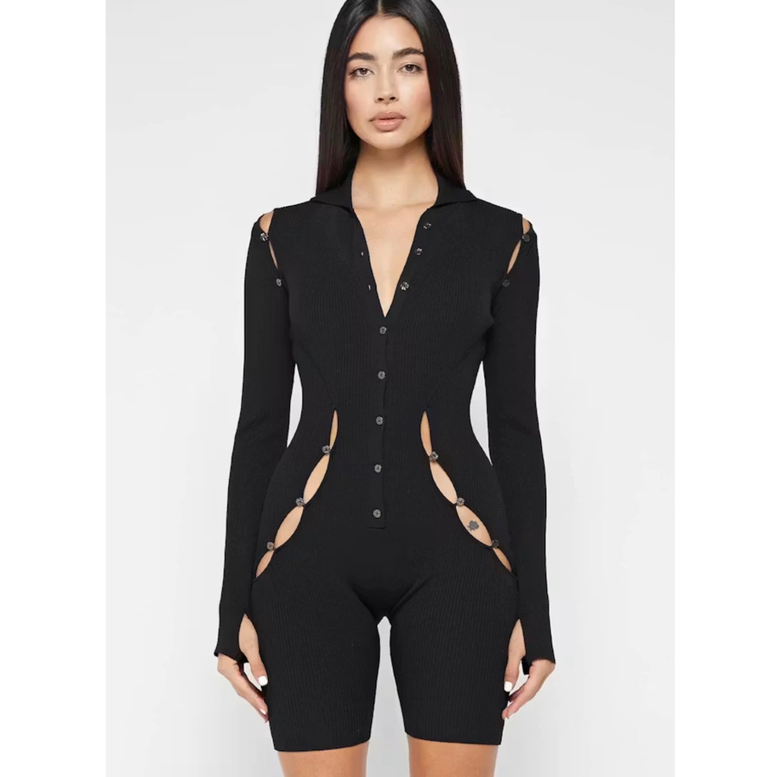 Manire De Voir Black Ribbed Knit Cut-Out Button Romper Playsuit